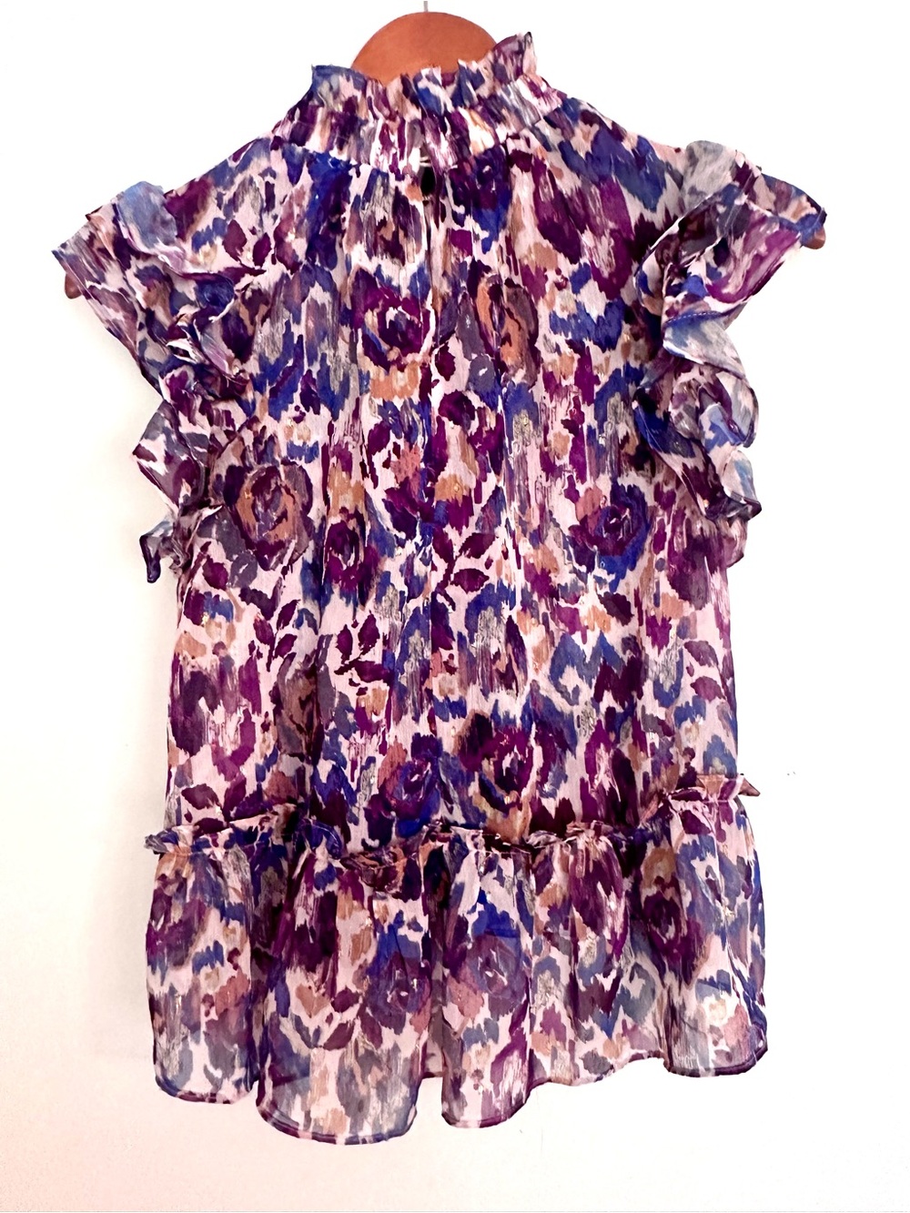 Meet Me in Santorini Ruffled High-Neck Floral Blouse Purple Mix Top Size Small - Picture 5 of 8